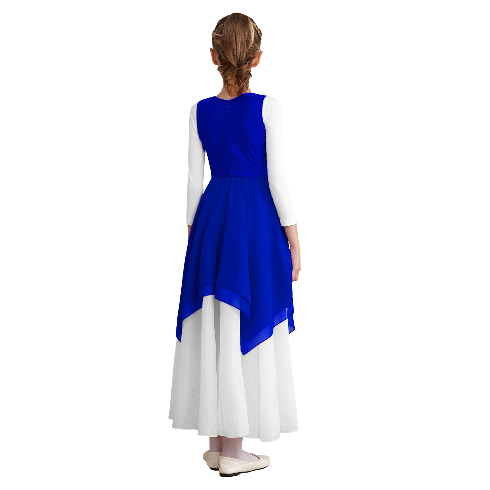 Kids Girls Lyrical Dance Dresses Costume Color Block Sleeveless Zipper Asymmetric Hem Chiffon Skirt for Liturgical Celebration