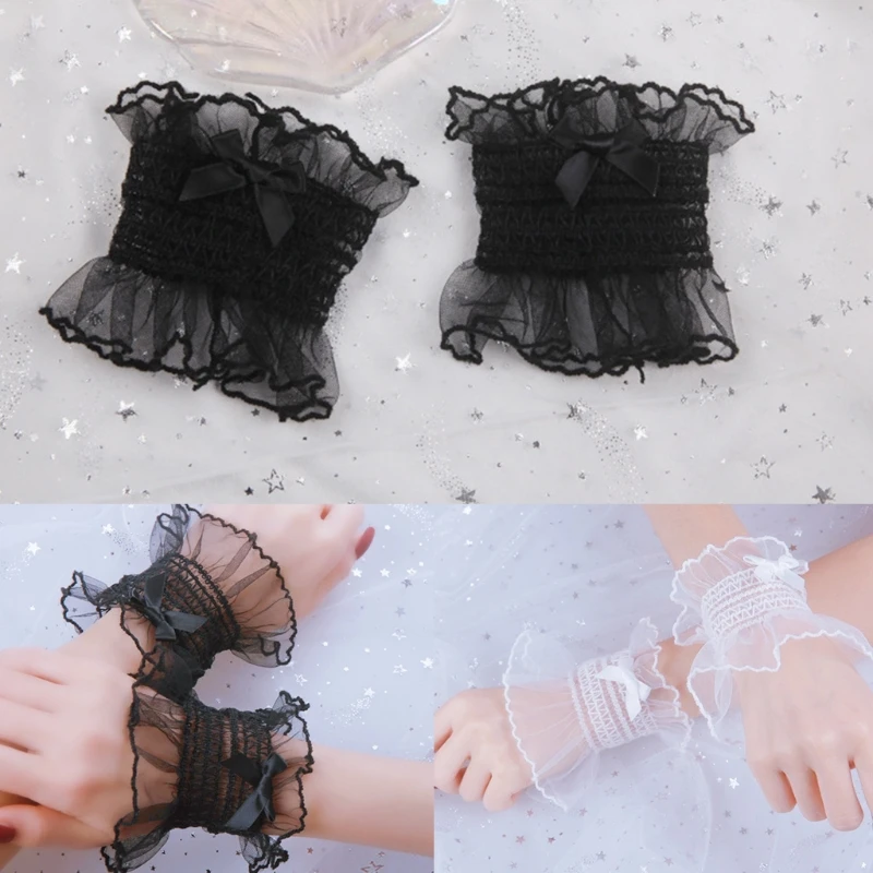 652F Japanese Sweet Shirred Elastic Wrist Cuffs Solid Color Ruffled Lace Bowknot Bracelet Wristband Anime Hand Sleeves