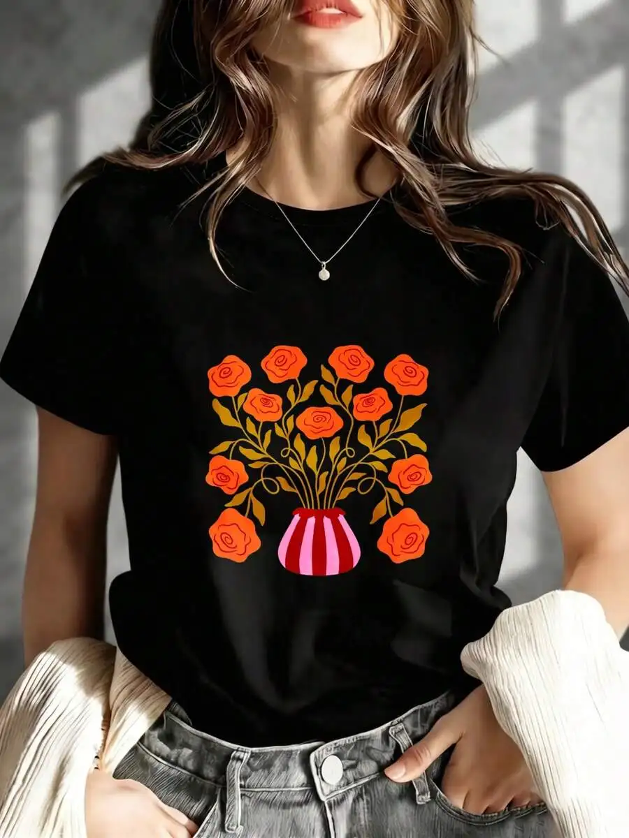 Women's Orange Roses In Vase Floral Print Summer Daily Casual Short Sleeve Crew Neck Graphic T‑Shirt Tee Top