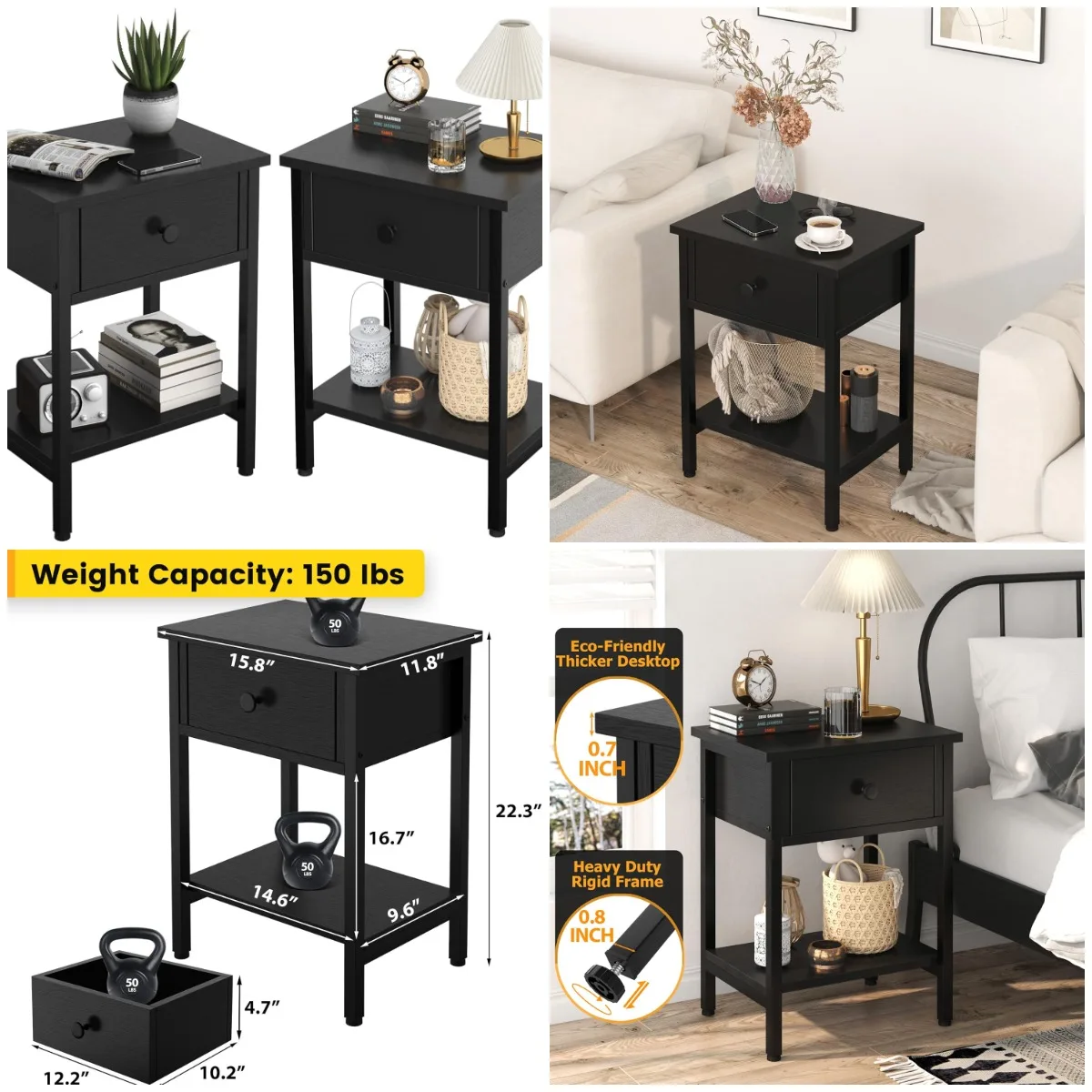 

Set of 2 Nightstands with Drawers, Storage Shelf, Black Wood Metal Bedside Tables, Easy Assembly, for Bedroom Living Room