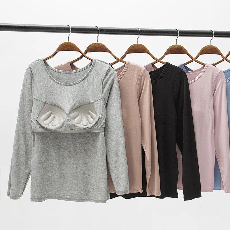 Modal Bra padded Tshirt Long sleeves Women O-Neck Bottoming T-Shirt Spring Autumn Thermal Tee Tops Solid color all match