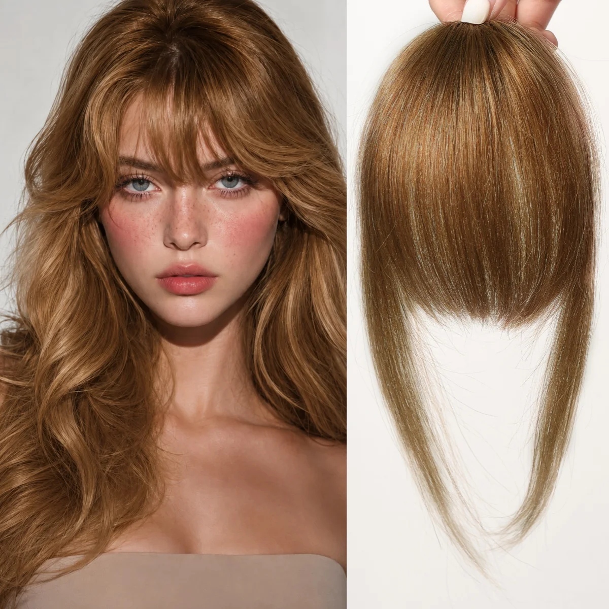 100% Remy Human Hair Fringe Hair Pieces 6 Inch Golden Brown Straight Bangs Clip In for Women Thinning Hair Natural