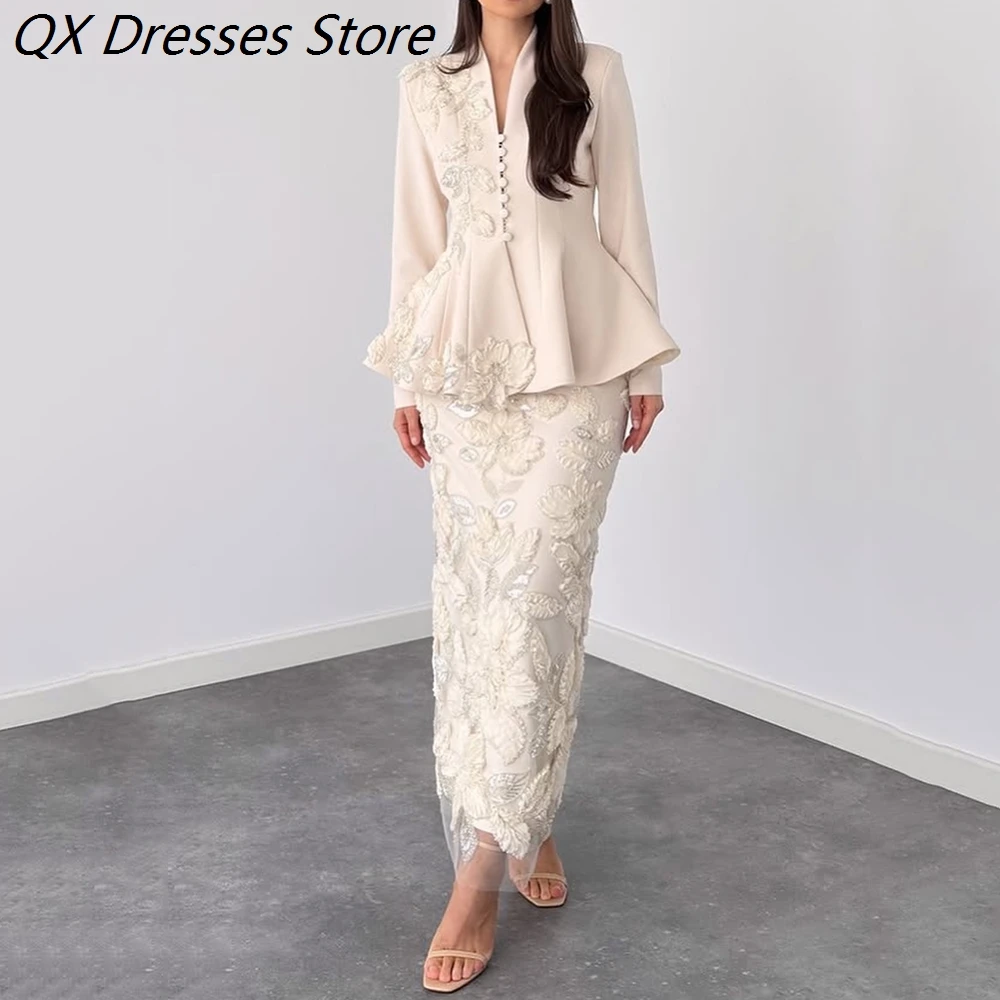 Women's Straight Evening Dresses Ankle-length V-neck Full Sleeve Prom Dresses Fashion Flowers Beading Button Customized Gowns