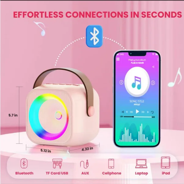 

Top K29 Mini Karaoke Machine for Kids Bluetooth Speakers Wireless with Microphone Party Light with 4 Magic Voices Pink 2025