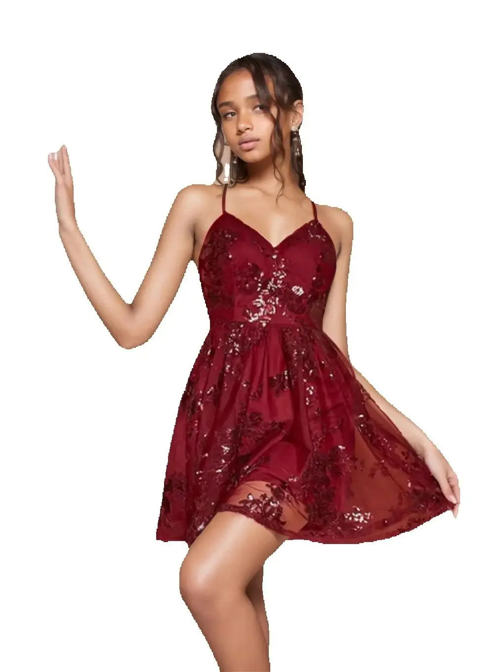

Sexy V-neck Backless Spaghetti Straps Sequined Burgundy Mini Dress