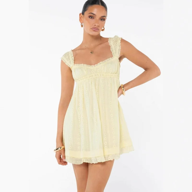 Princ Polly Pure Color Milk Yellow Carlyta  Dr Square Ne ort Skirt Women's plus Size Clothing Summer High Waist...