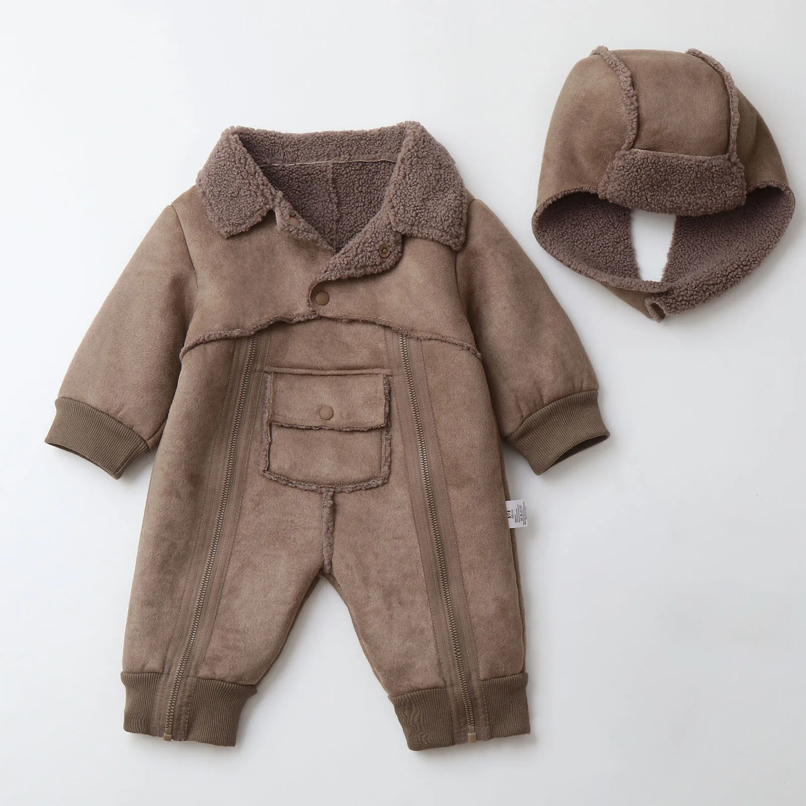 

Newborn Baby Winter Warm Fleece-Lined Rompers Long Sleeves Double Zipper Jumpsuit with Hat Infant Clothes Playsuit Daily Wear