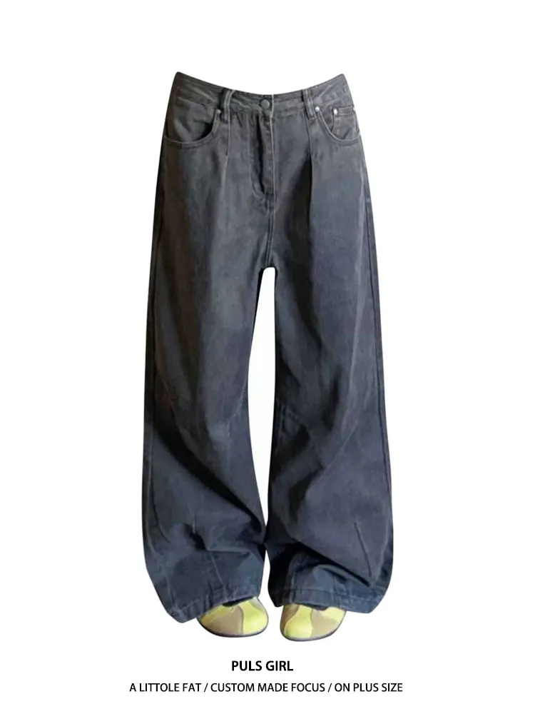 

Retro American Large Size Denim Jeans Women's Autumn Winter New Style Casual Wide Leg Pants High Waist Pleated Washed Effect