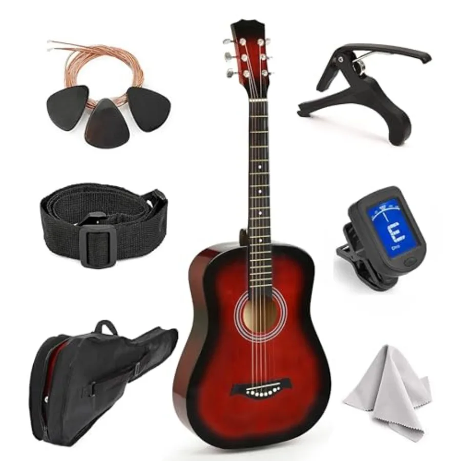 

Left Handed 30 Redburst Acoustic Guitar for Beginner Starter Kit with Guitar Bag Tuner Strap Extra Strings Picks Wash Cloth Cap