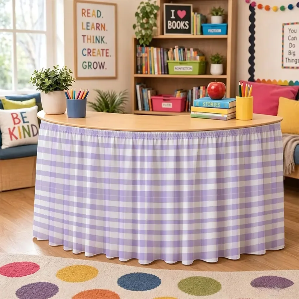 1 piece of purple and white checkered tablecloth. Elasticated festive gift, suitable for classroom party tablecloth.