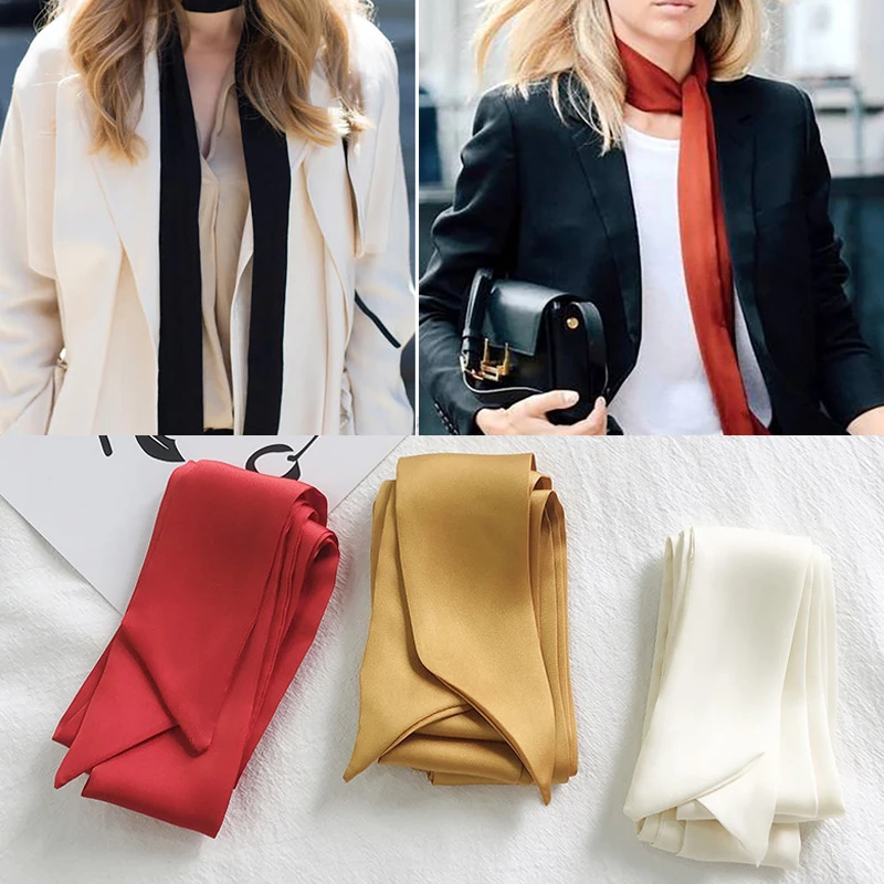 New Long Silk Skinny Scarf Head Neck Hair Band Solid Neck Scarves Bag Ribbon Headbands Satin Silk Narrow Neckerchief Headscarves