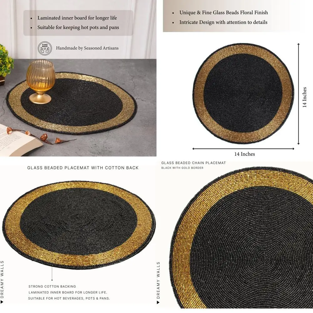 

Luxury Handcrafted Beaded Placemats Set of 4 - 14 Black & Gold, Heat Resistant, Non-Slip Dining Decor