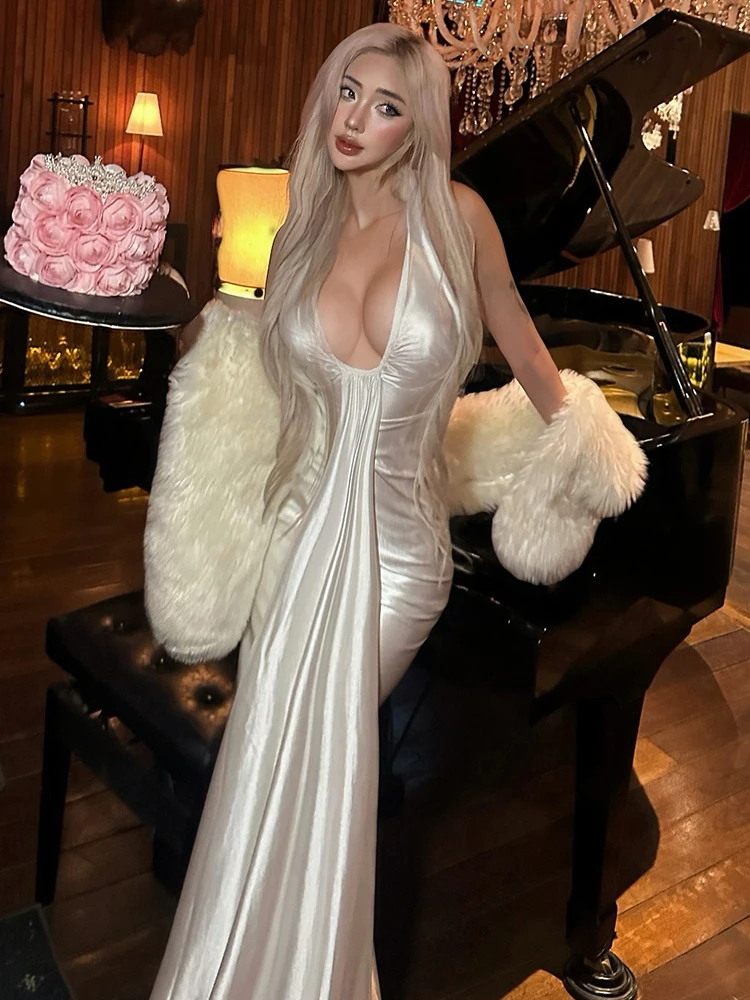 SiSterlinda Sexy Ruched Halter Satin Dress Women Elegant Backless Low Neck Banquet Party Gown Clubwear Stretch Trend Bodycon