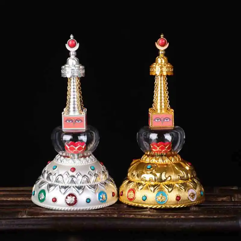 

Изысканная позолоченная резная буддийская пагода, содержащая сокровища, буддийские принадлежности, украшения фаци, хрустальные элементы, декор для рабочего стола.