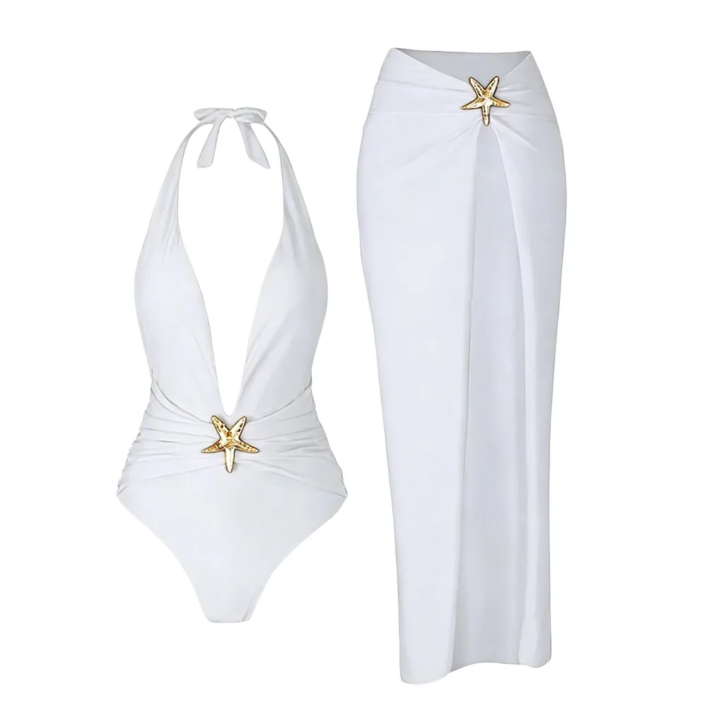 

2Pcs/Set Fashion Summer Backless Swimsuit Set V Neck Polyester Bathing Suit Beachwear Casual Women Swimwear Pool Bather