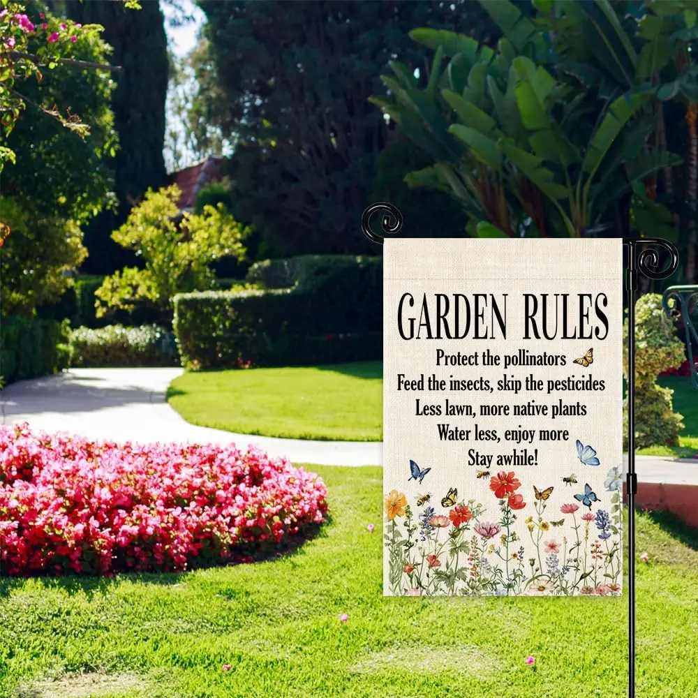 Garden Rules Garden Flag, Spring Double Sided Outdoor Farmhouse Lawn Yard Banner, Native Pollinator Flag for Outside, Garden zzo