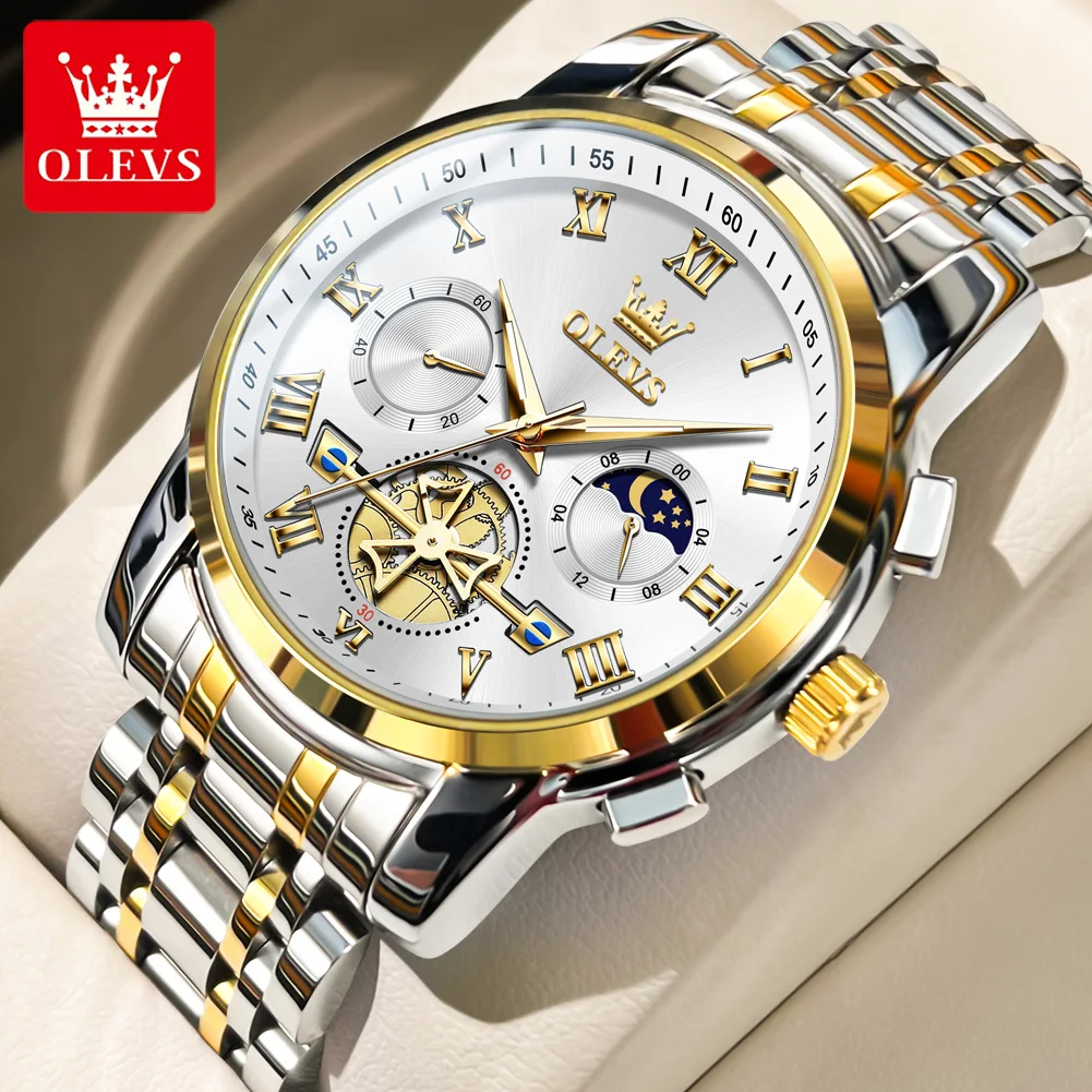 OLEVS Moon Phase Watch for Men Original Roman Dial High Quality Stainless Steel Multi-function Wristwatch Luxury Brand Watch Men
