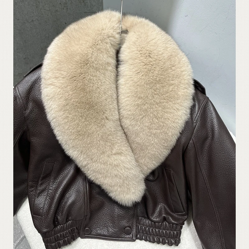 Natural Lambskin Leather Jacket for Women, 100% Genuine leather Fox Fur Leather Women Coat, Long Sleeves, H9021