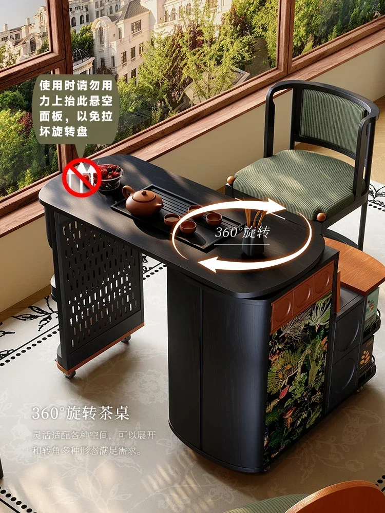 Integrated French medieval balcony household tea cart movable rotating solid wood tea table