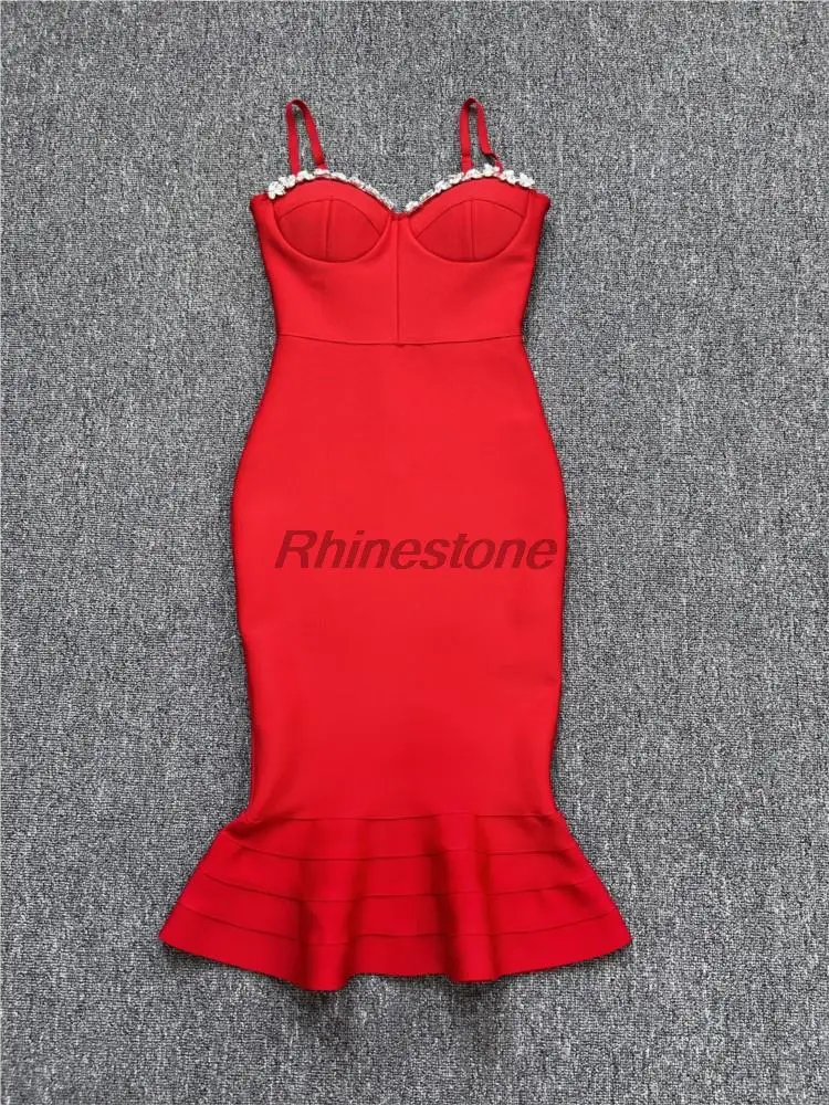 New Luxurious Diamond Studded Sexy Low Cut Fishtail Strap Dress With Elegant Temperament And Bandage