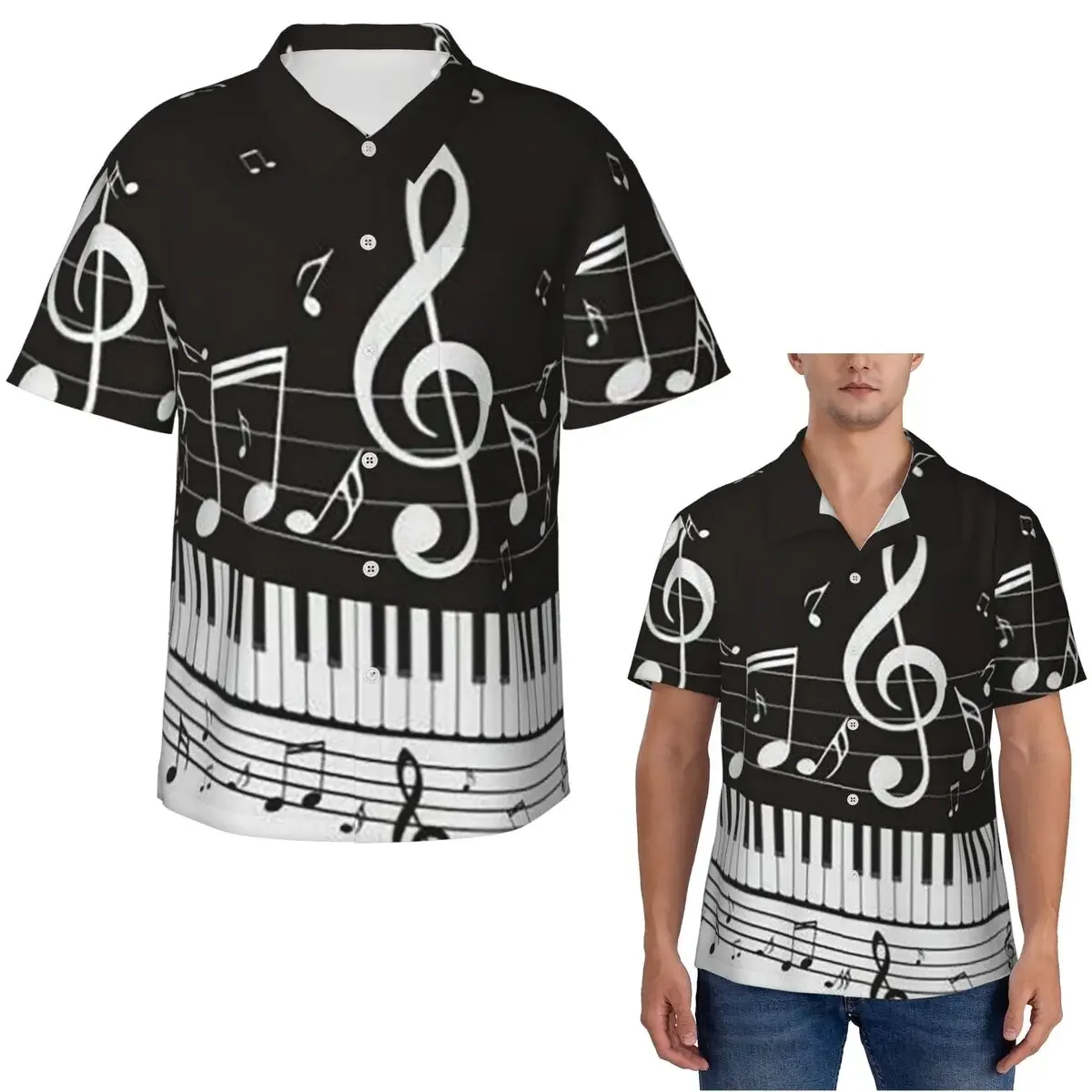 Golden Musical Notes Piano Keyboard Hawaiian Shirts Fashion Men Short Sleeve Shirt for Summer Beach Men's Button Tops