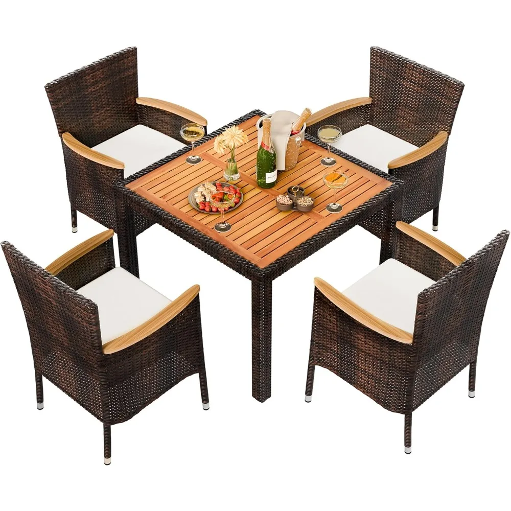 

Outdoor Patio Dining Set with Wicker Chairs and Wooden Table Top, Complete with Cushioned Seats