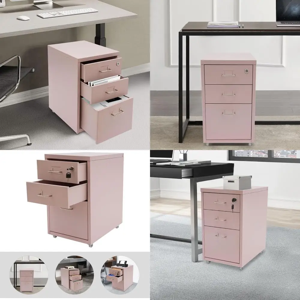 

Modern Lockable 3-Drawer Vertical Metal File Cabinet on Wheels for Office, Sleek Design with Keys Included