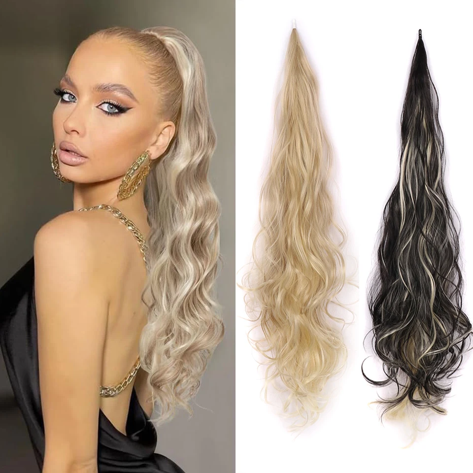 Synthetic Blonde Ponytail Extension Long Curly Flexible Wrap Around Black Pony tail Hairpieces for Women Daily Cosplay Fake Hair