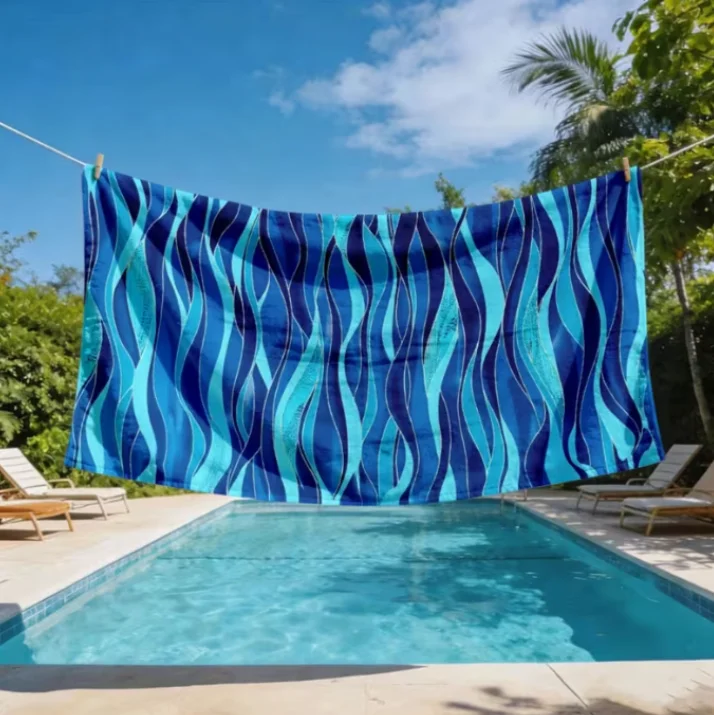 Oversized Microfiber Beach Towel, Abstract Blue Wave Print, Quick Dry Sand Free for Summer