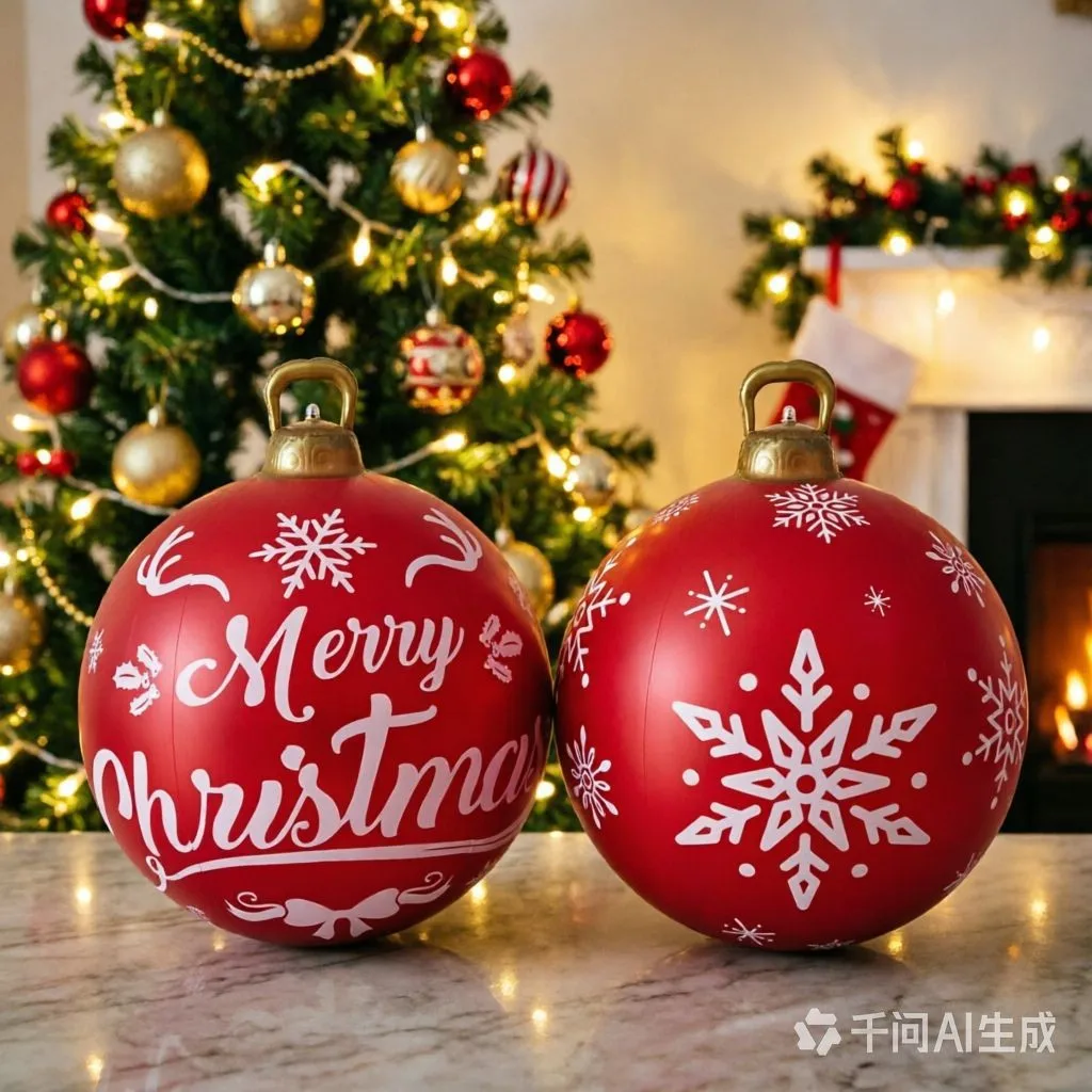 2-Pack Inflatable PVC Christmas Balls, Red Snowflake & Merry Christmas Design with Gold Hanger, Large Holiday Decoration