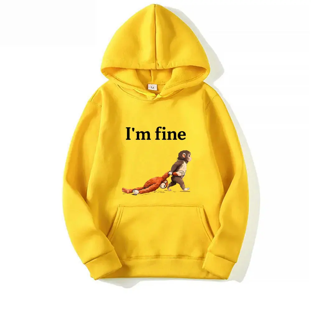 Sad Monkey Punch with An Orange Toy I'm Fine Funny Meme Graphic Hoodie Men Women Casual Oversized Pullover Male Vintage Hoodies