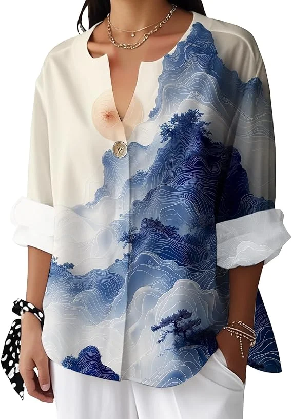 Women's Summer Shirts Vintage Floral Long Sleeve Novelty Blouses Boho Button Up Cool Graphic Tops