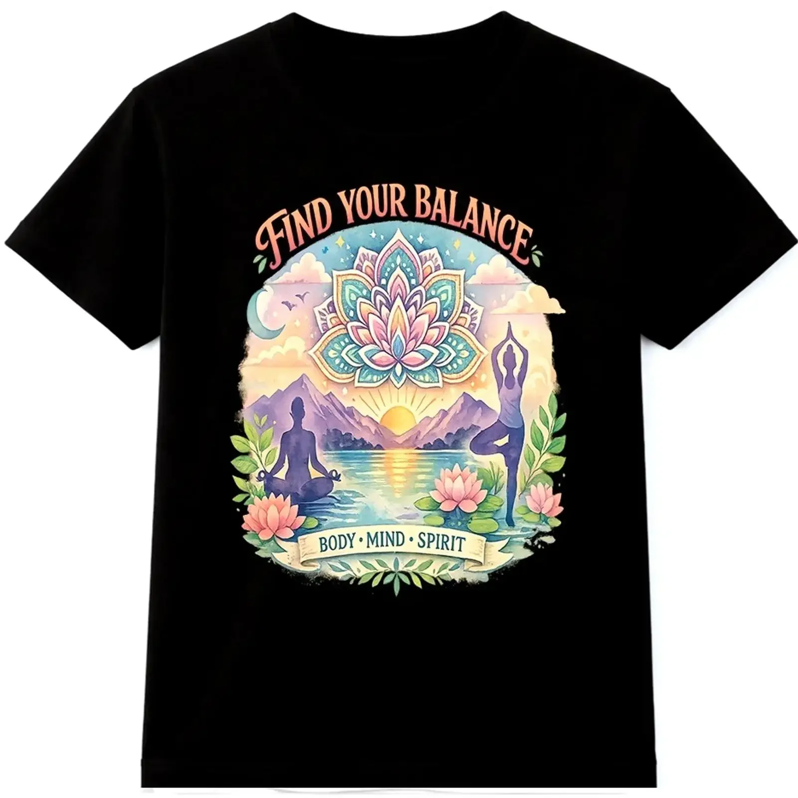 Yoga Mandala T Shirt Find Your Balance Body Mind Spirit Meditation vintage Washed designer clothes Comfortable fashion Soft