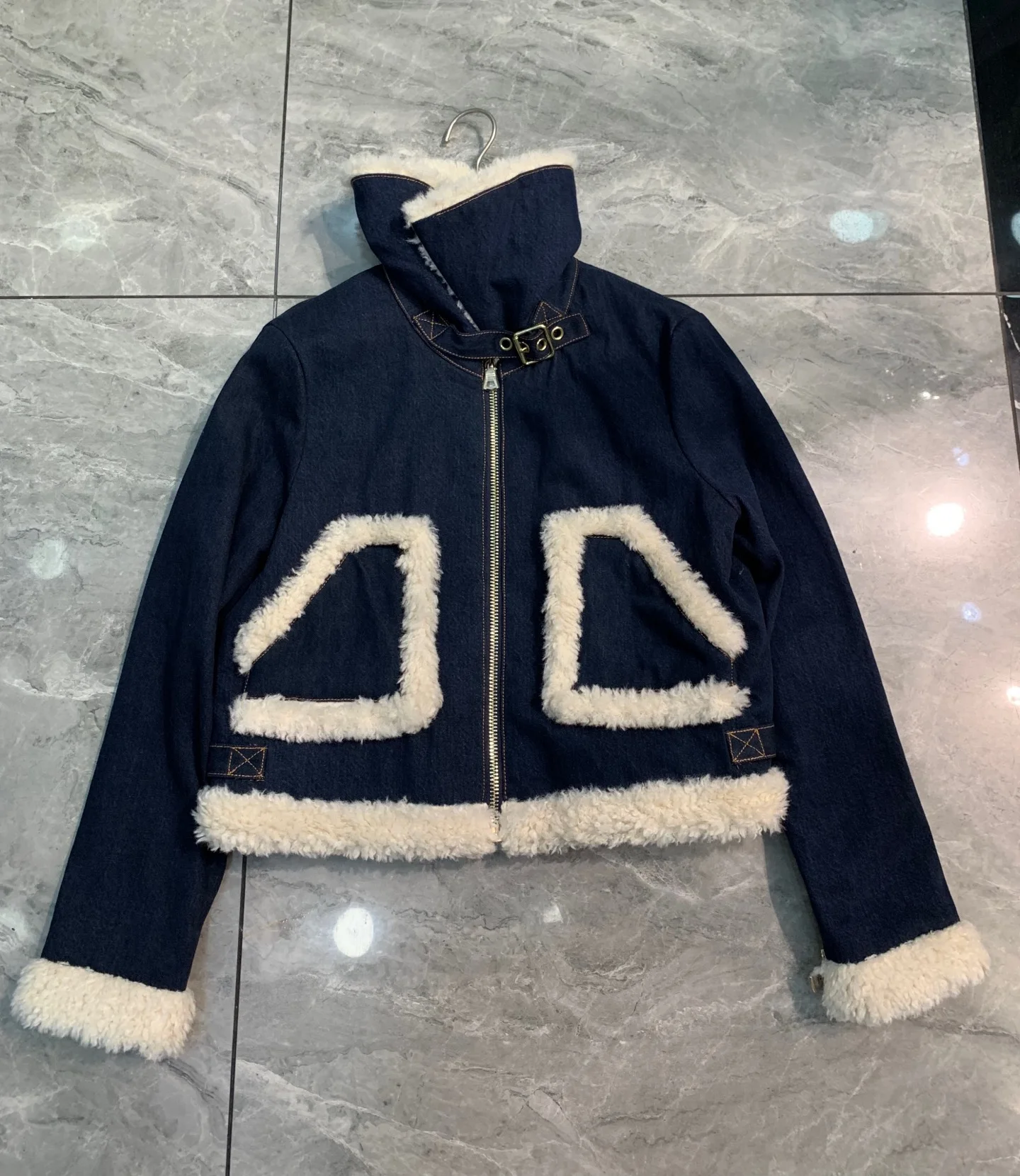 Autumn Winter Women's Color Patchwork Jacket Turn-down Collar Long Sleeve Warm Cotton Coat