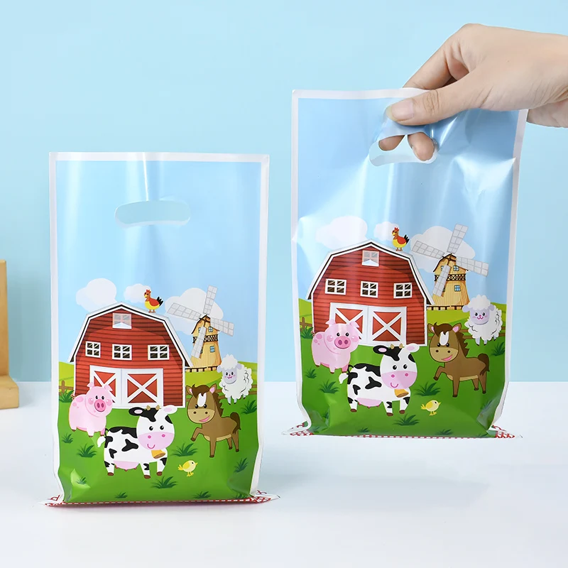 10pcs Farm Pasture Dairy Cow Sheep Chicken Duck Animals Themed Goodie Treat Bags Plastic Gift Bag Birthday Party Decor Supplies