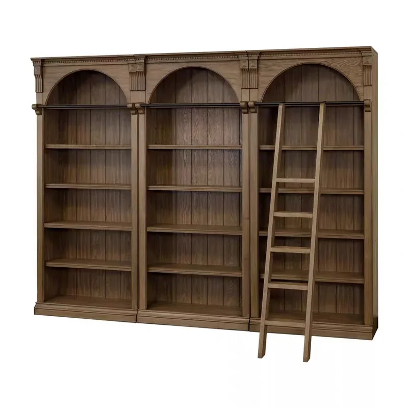 American Country Vintage Arched Bookcase with Ladder Floor Storage Cabinet French Full Wall for Home Use