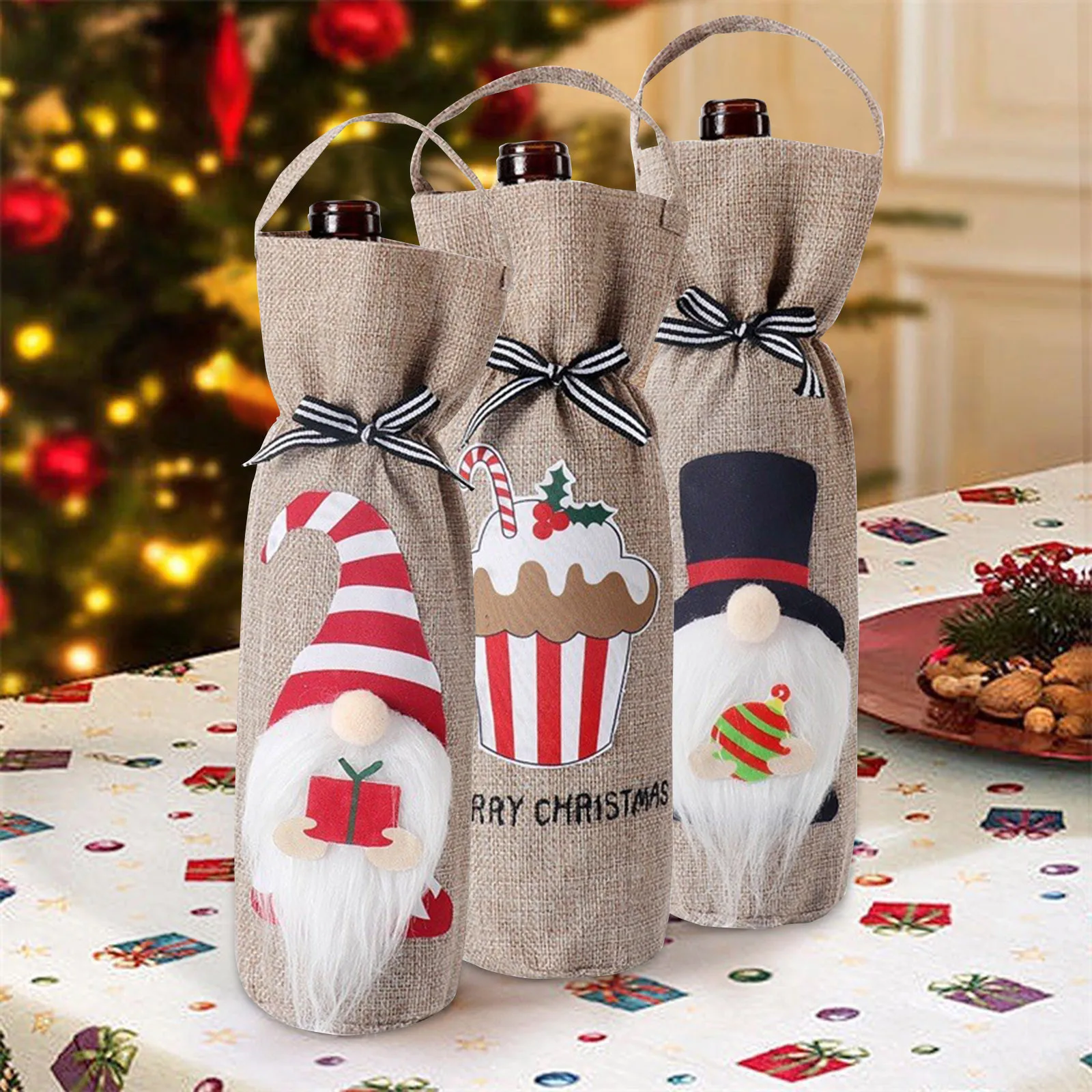 Deer Tree Print Burlap Wine Bags Christmas Jute Wine Bottle Bag Drawstring Reusable Wine Pouch Christmas Gifts for Friend Family