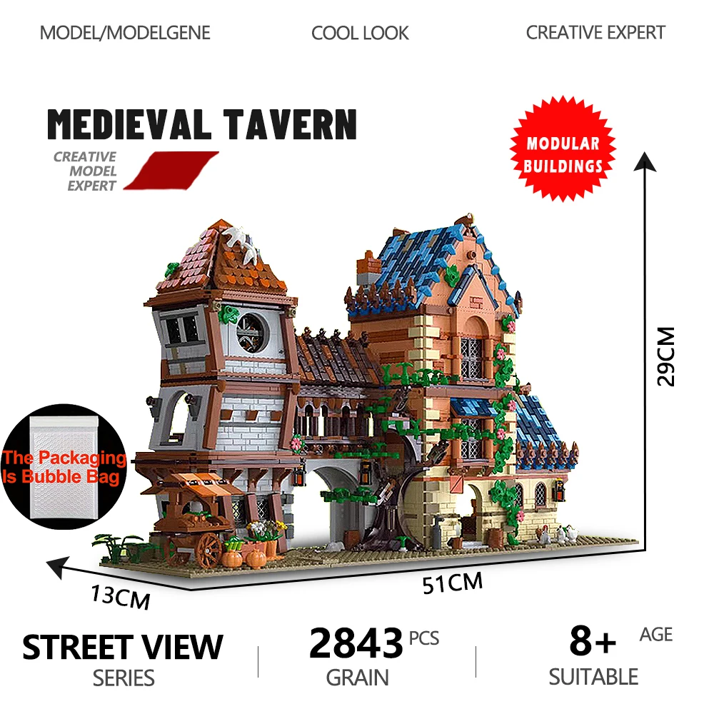 القرون الوسطى حانة وحدات اللبنات 2843 قطعة لتقوم بها بنفسك عرض الشارع مدينة العالم منزل نموذج الجمعية مجموعات هدايا عيد الميلاد للأطفال #6