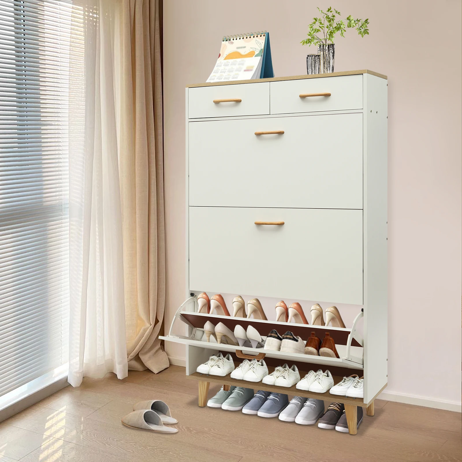 White Shoe Cabinet Free Standing Shoe Storage Cabinet w/Two Drawers 3 Flap Doors Ultra-thin Household Narrow Shoe Rack 80cm