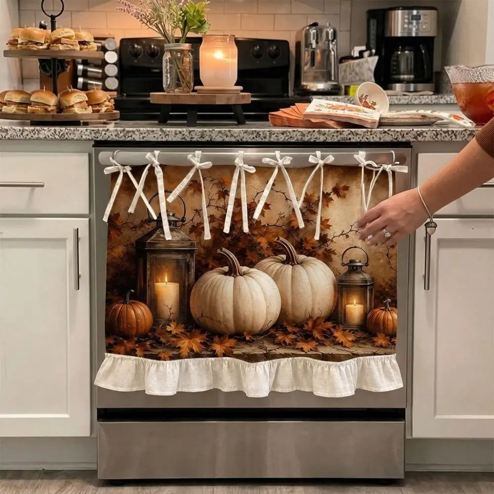 Seasonal Halloween Tie Oven Cover Curtain Pumpkin Ghost Pastoral Style Dishwasher Bow Decor Curtain Farmhouse Maple Leaf