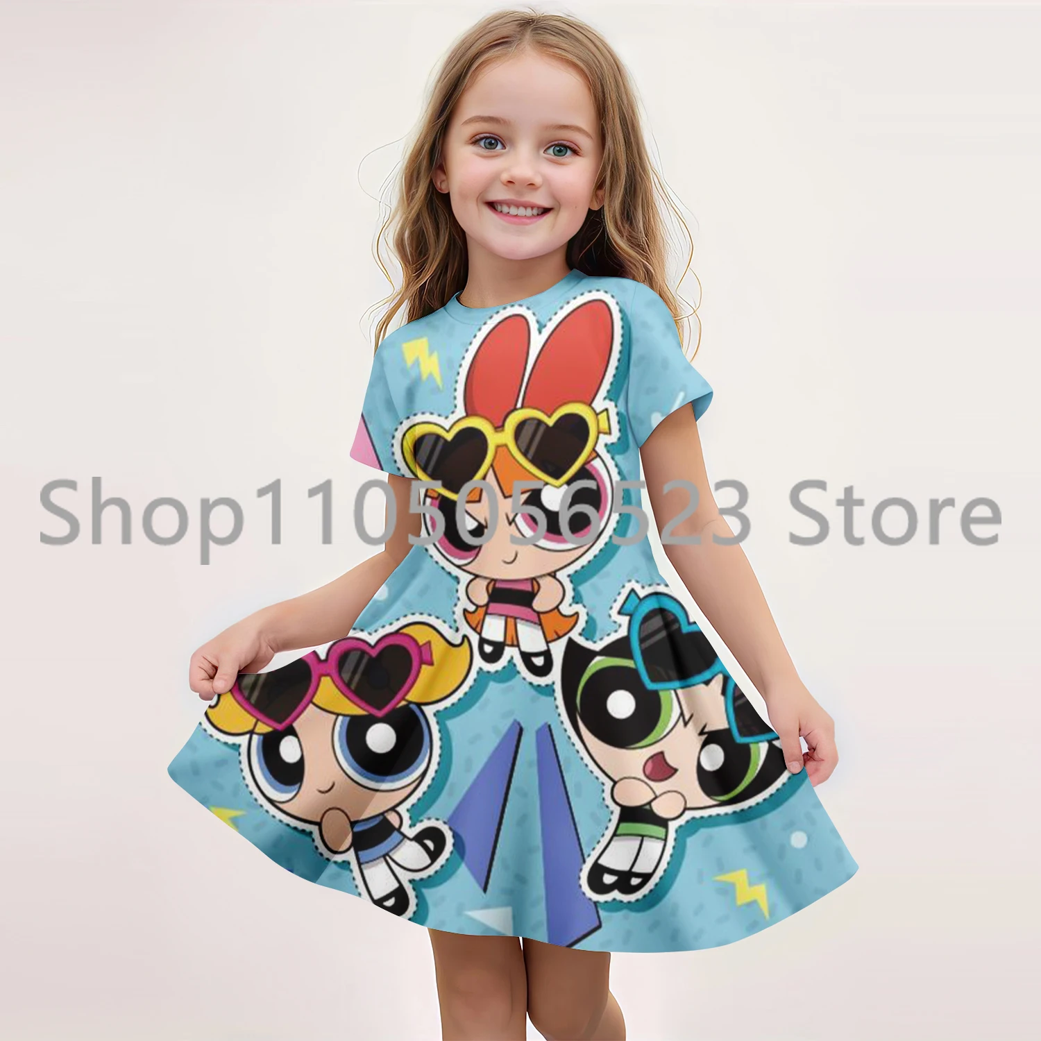 

Summer New Children's Clothing 3d Printed The Powerpuff Girls Cute Short-Sleeved Dress 7-13 Years Old Kids Performance Clothing