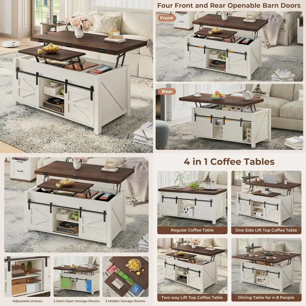 

трансформируемый журнальный столик в фермерском доме с раздвижными амбарными дверями и регулируемыми полками для хранения