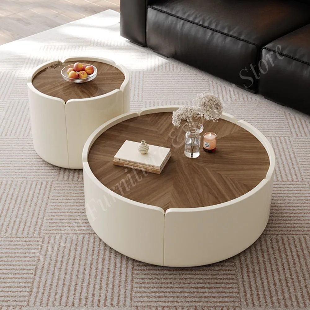 Italian-Style Modern Petal Coffee Table Set Living Room Tea Table Round-base Glass Coffee Table Wood-Grain Finish Home Furniture