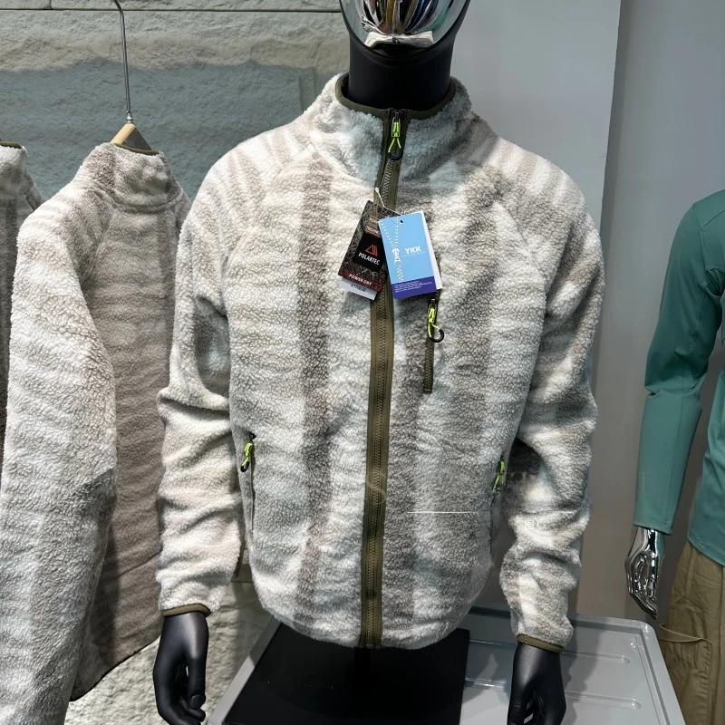 

Двусторонняя флисовая куртка с воротником-стойкой для мужчин, осенне-зимняя, повседневная, из полиэстера, приталенная, на молнии, в полоску