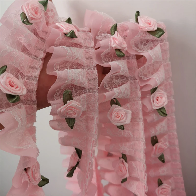 

3M Ruffle LaceTrim 3D Flower Chiffon Pleated Embroidery Ribbon Fabric For DIY Sewing Doll Dress Collar Cuffs Edge Apparel Crafts