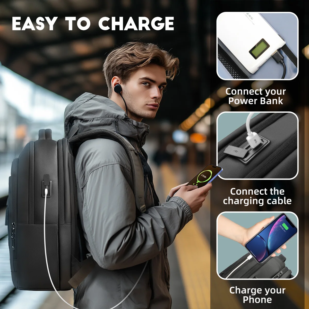 حقيبة ظهر للكمبيوتر المحمول للرجال من HK مقاس 17 بوصة مقاومة للماء للسفر في الهواء الطلق، حقيبة ظهر مدرسية ذات سعة كبيرة، حقائب عمل متعددة الوظائف