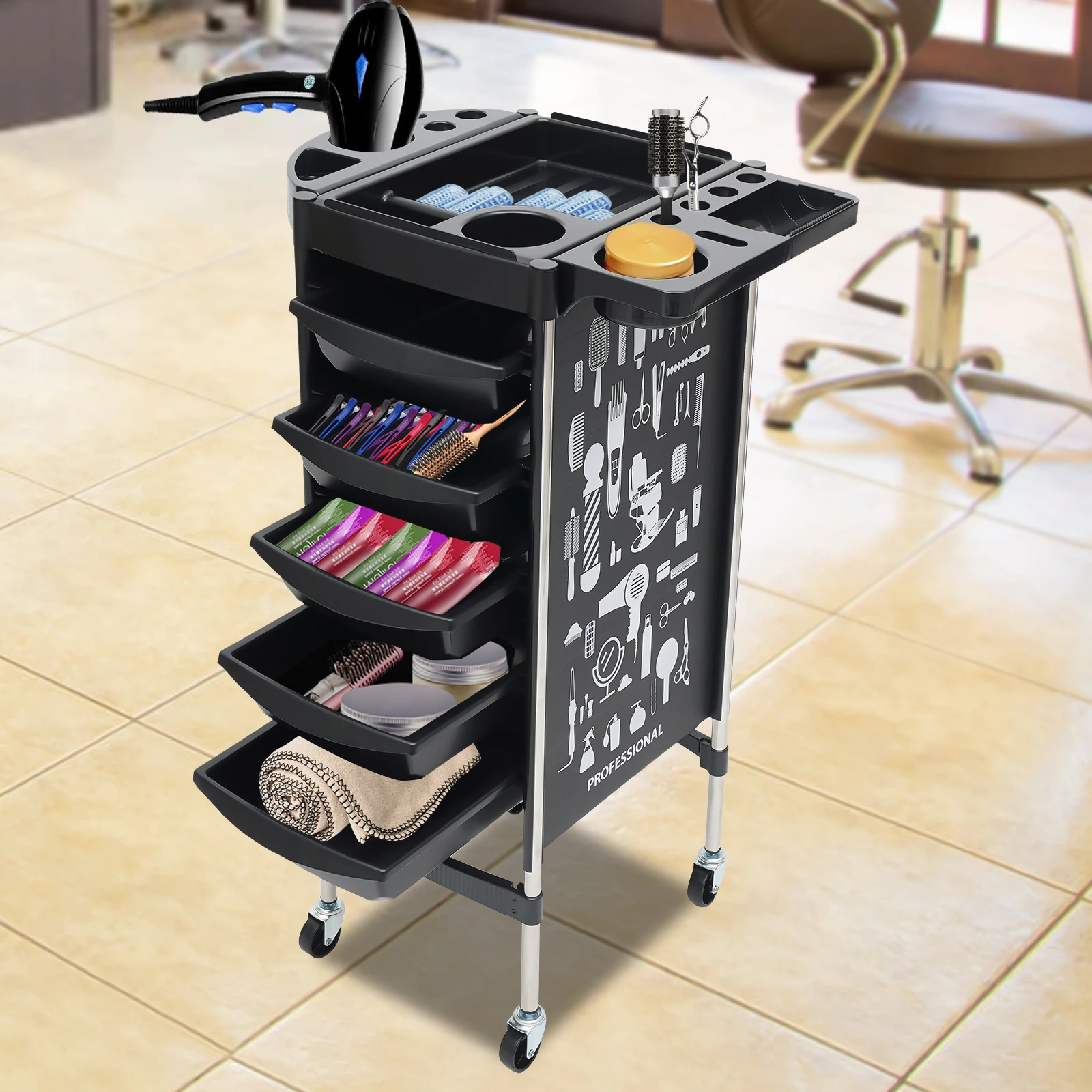 Multipurpose Hairdresser Trolley 5 Pull-out Drawers with 4 Wheels Salon SPA Mobile Organizer White/Black