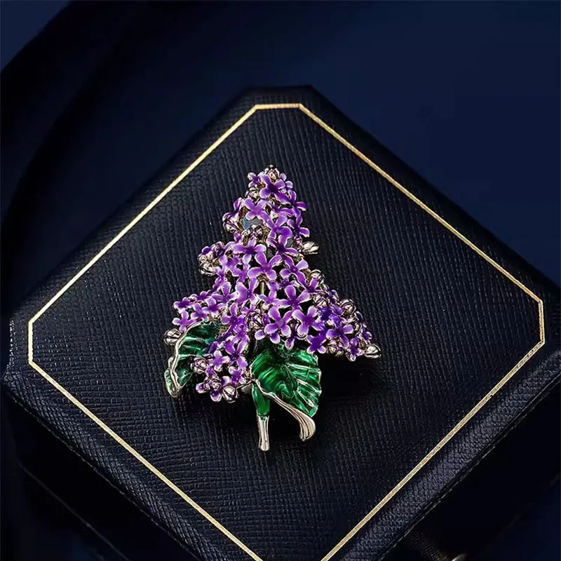 Ajojewel Purple Lilac Flower Brooch For Woman Beautiful Enamel Plant Jewelry Suit Pin Wholesale