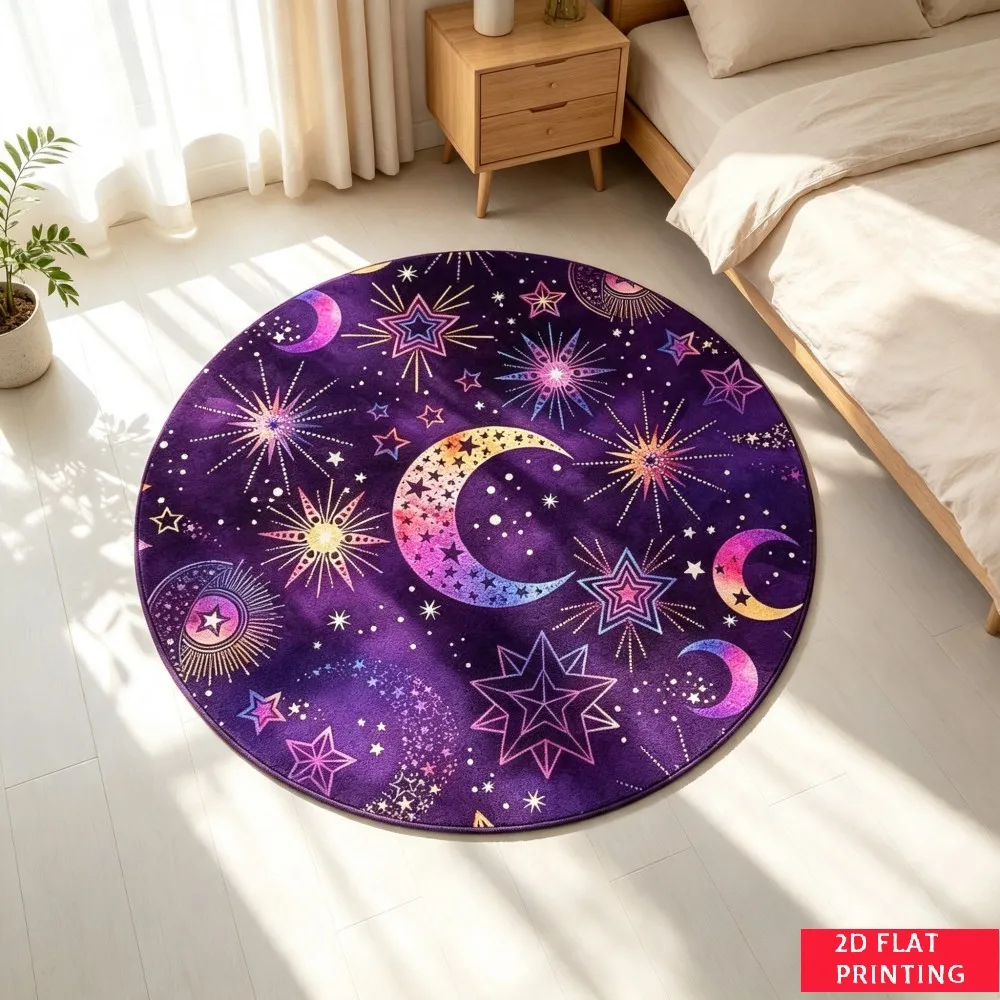 Purple Galaxy Moon Starburst Celestial Print Round Area Rug With Glowing Nebula Effects Perfect For Bohemian Bedroom Ambiance