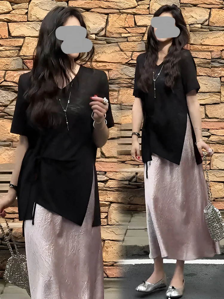 Summer New High Waist A-Line  Skirt And Short Sleeve T-Shirt Asymmetrical Slit Two-Piece Women's Fashion Set Yood Lovees view 3